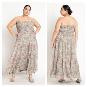 Size 20 Eloquii strapless maxi dress, New pastel green & lavender floral smocked